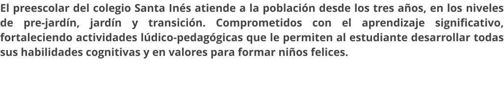 El preescolar del colegio Santa Inés atiende a la población desde los tres años, en los niveles de pre-jardín, jardín y transición. Comprometidos con el aprendizaje significativo, fortaleciendo actividades lúdico-pedagógicas que le permiten al estudiante desarrollar todas sus habilidades cognitivas y en valores para formar niños felices.